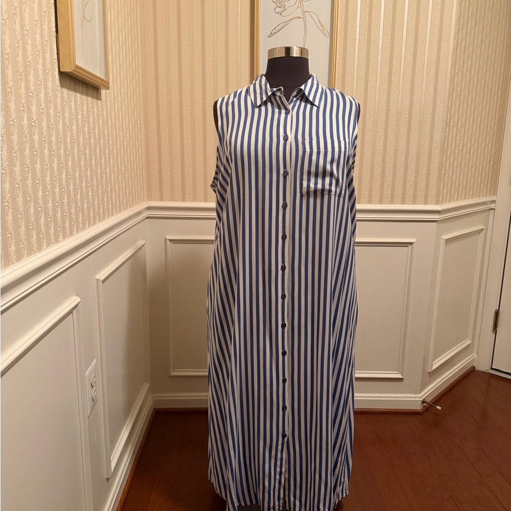 Ashley Stewart Navy and White Striped Sleeveless Maxi Shirt Dress. HOT ITEM!!!
